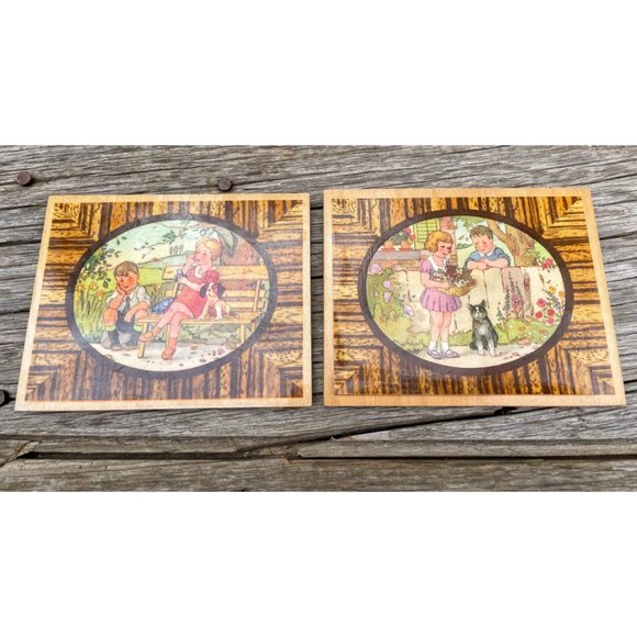 Vintage Wood Plaques Children With Puppy and Kittens - Picture 4 of 10